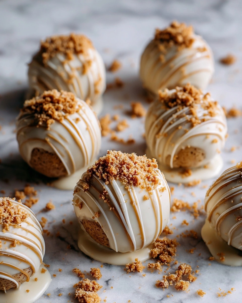 The image shows round, creamy beige balls covered with smooth, shiny icing that has light vertical drizzle lines on each one. These balls are placed closely together on a surface that is also coated with the same icing, creating a soft, flowing texture around them. On top of each ball and scattered around are small, crumbly golden-brown bits that add a rough contrast to the smooth icing. The overall look is warm and cozy, with a focus on the soft texture of the icing and the crunchy topping, set on a white marbled texture. photo taken with an iphone --ar 4:5 --v 7