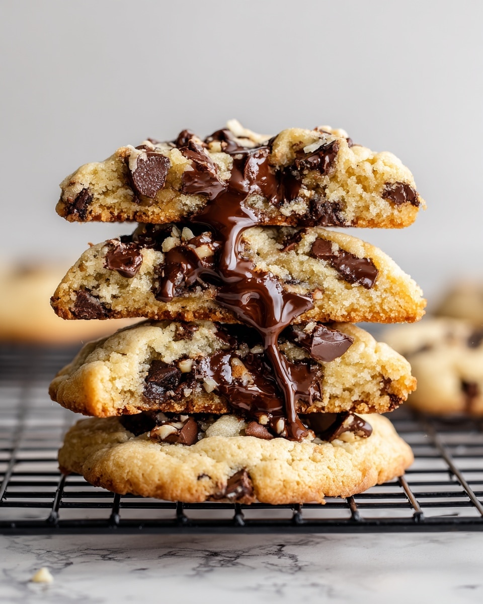 A stack of four thick chocolate chip cookies, each broken in half and showing the soft, beige inside filled with melted dark brown chocolate chunks and bits of nuts. The cookies have a slightly golden outer edge and a soft, crumbly texture. The melted chocolate is dripping slightly between the layers, with the chocolate pieces looking shiny and fresh. The stack sits on a black cooling rack with a white marbled surface underneath, and the background is a pale, solid light color. photo taken with an iphone --ar 4:5 --v 7