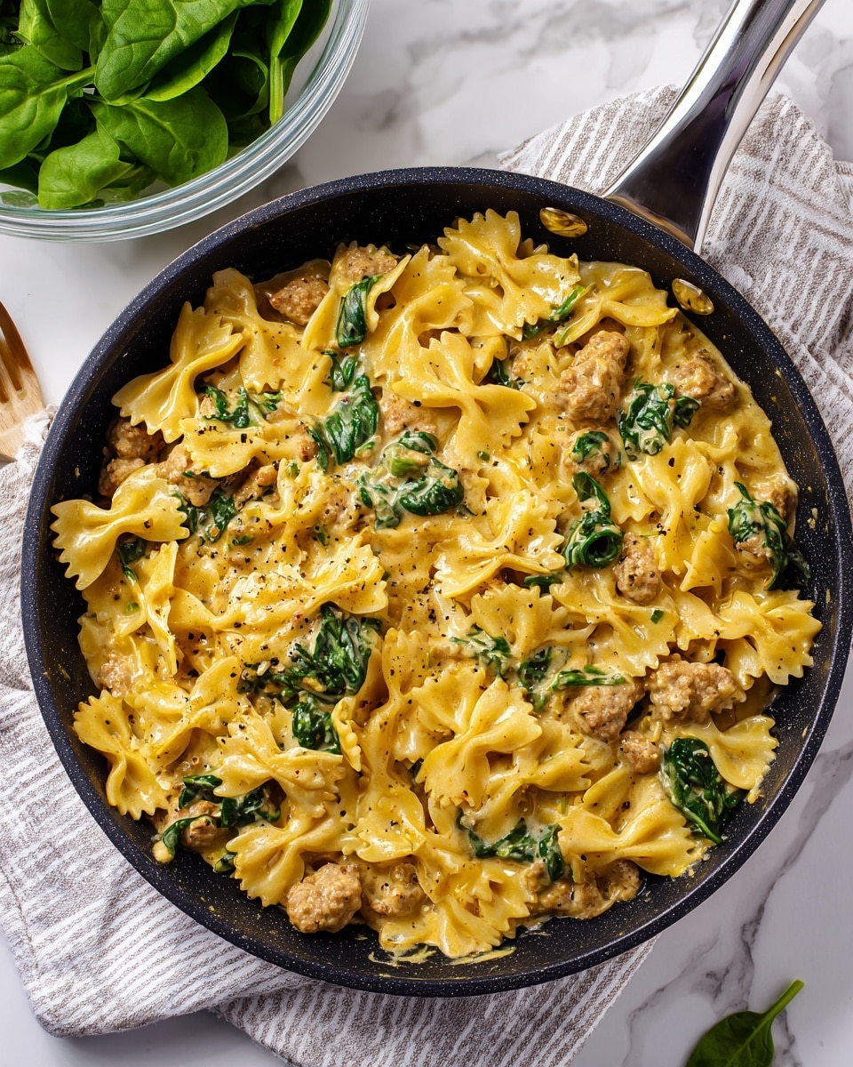 A dark pan filled with creamy pasta showing a rich yellow sauce mixed with small chunks of light brown cooked meat and bright green spinach leaves scattered throughout, the pasta is bowtie-shaped and coated fully by the sauce which has a smooth texture with visible black pepper flecks. The pan handle is silver and rests on a white and gray striped cloth, a clear glass bowl with fresh green spinach leaves is visible in the top left corner, all set on a white marbled surface. photo taken with an iphone --ar 4:5 --v 7