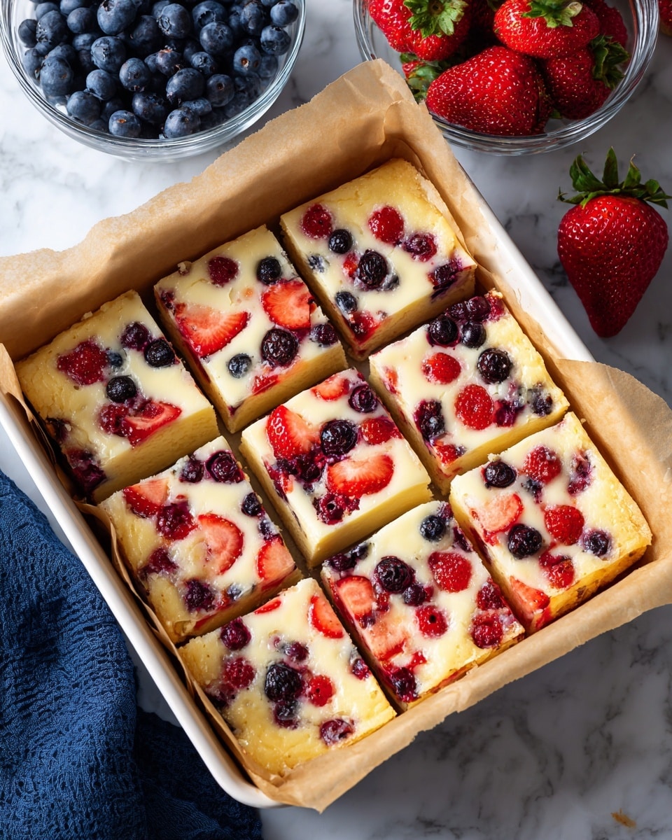 A square baked dessert in a parchment-lined pan, with a light creamy yellow base and mixed berries scattered on top, including red strawberries and dark blueberries. The edges of the dessert are slightly browned, showing a soft texture with some berry juice blending in around the sides. The pan sits on a white marbled surface with a folded blue cloth nearby, giving a fresh and simple look. Photo taken with an iphone --ar 4:5 --v 7