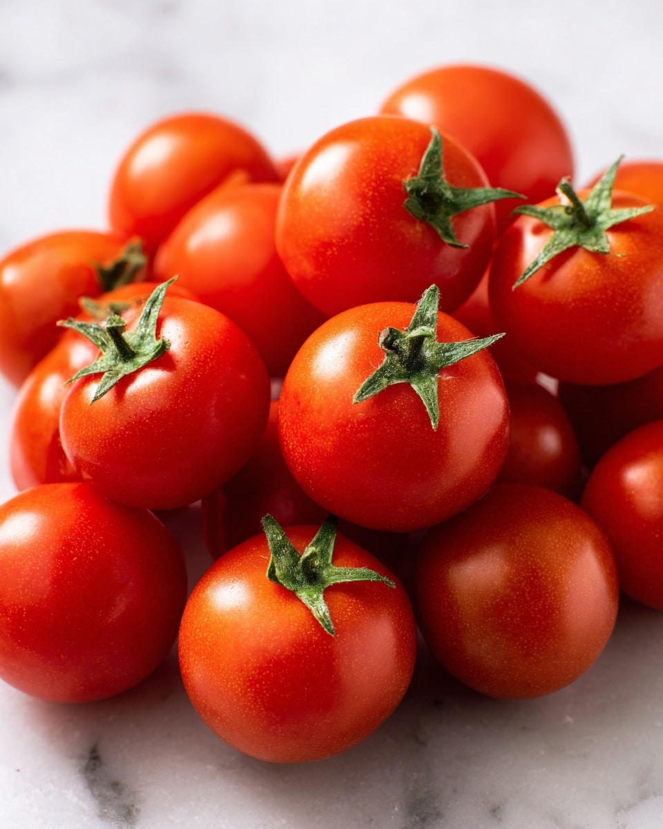 The image shows a pile of small, round tomatoes with smooth, shiny skin. Each tomato is bright red with a fresh green stem on top. The tomatoes have a slightly glossy texture that makes them look fresh and ripe. They are packed close together with no other items or colors in the picture. The background has been changed to a white marbled texture. photo taken with an iphone --ar 4:5 --v 7
