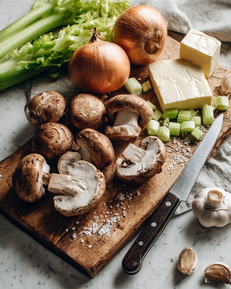 A wooden cutting board sits on a white marbled surface, holding several whole and halved brown mushrooms, two whole brown onions along with one onion cut in half showing its white inner layers, a block of butter, scattered chunks of green celery, and several garlic cloves, some still in their white papery skins. A knife with a dark handle rests on the right side of the board, partially under a halved mushroom. The scene is softly lit, showing textures of the vegetables and cutting board with some salt sprinkled on the board. photo taken with an iphone --ar 4:5 --v 7