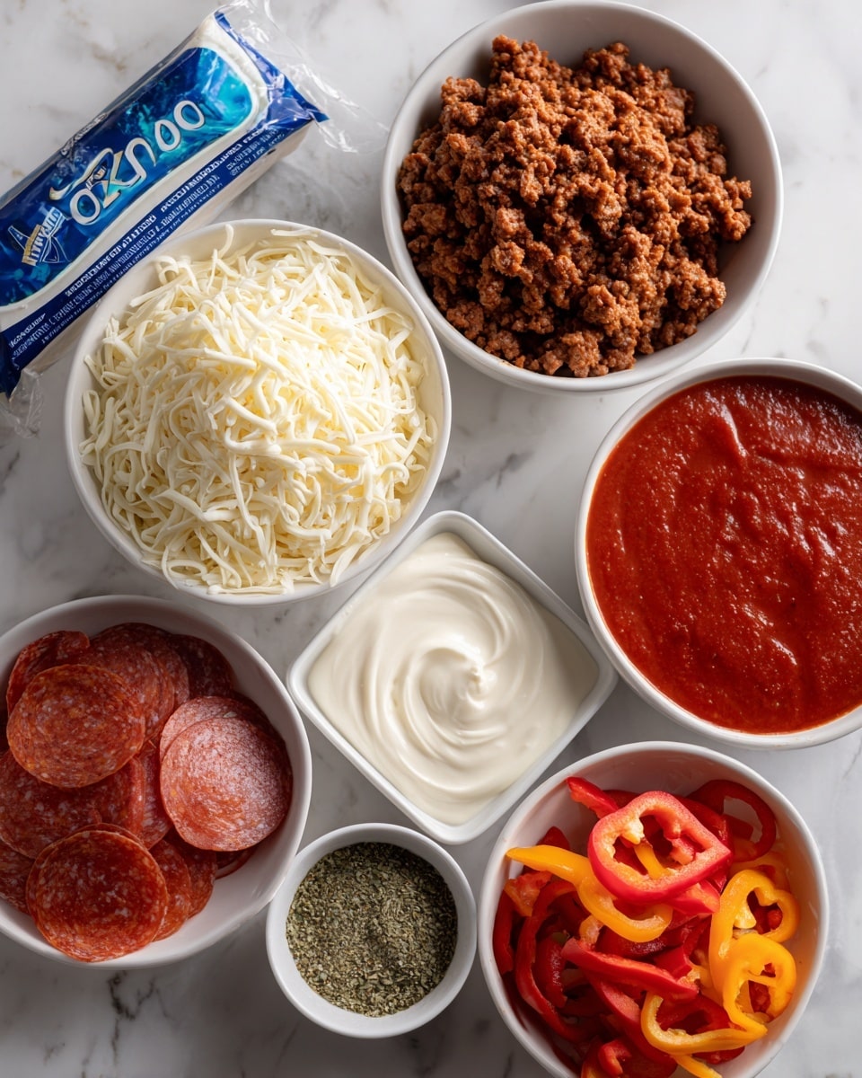 The image shows several white bowls arranged on a white marbled surface, each filled with different ingredients. One large round bowl holds a pile of shredded white cheese with a slightly soft texture. Next to it, a round bowl contains cooked ground meat with a crumbly texture and brown color. Another large round bowl is filled with rich red tomato sauce, smooth and thick. A square bowl carries a creamy white sauce with a soft swirl on top. There is a small round bowl filled with dried Italian herbs and garlic powder, showing green and beige tones. Another round bowl contains bright orange and red chopped bell peppers. A small white bowl holds many thin, circular slices of pepperoni, showing a deep reddish-orange color. A silver wrapped block of cream cheese with blue text is placed next to the bowls. photo taken with an iphone --ar 4:5 --v 7