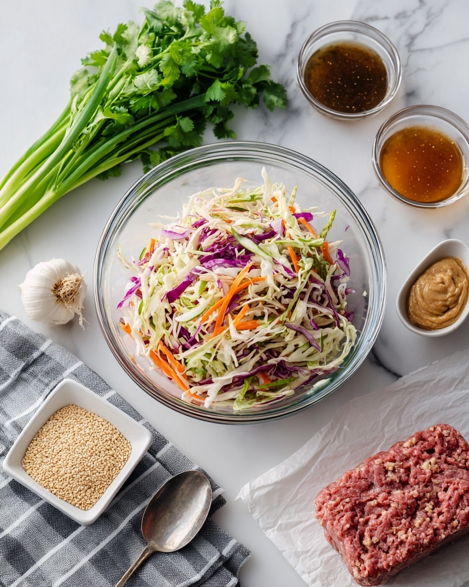 A clear glass bowl filled with a colorful slaw mix of shredded white, light green, and purple cabbage, along with orange carrot strips, rests on the top left. Below it lies a bunch of fresh green onions and cilantro, placed on a gray and white checkered cloth. To the right, there is a rectangular block of raw ground meat on white parchment paper. Nearby are a whole bulb of garlic, a small glass bowl of light brown paste, a square white dish filled with light tan sesame seeds and a spoon, and two small glass bowls with dark and light brown liquid sauces. All items are set on a white marbled surface. photo taken with an iphone --ar 4:5 --v 7