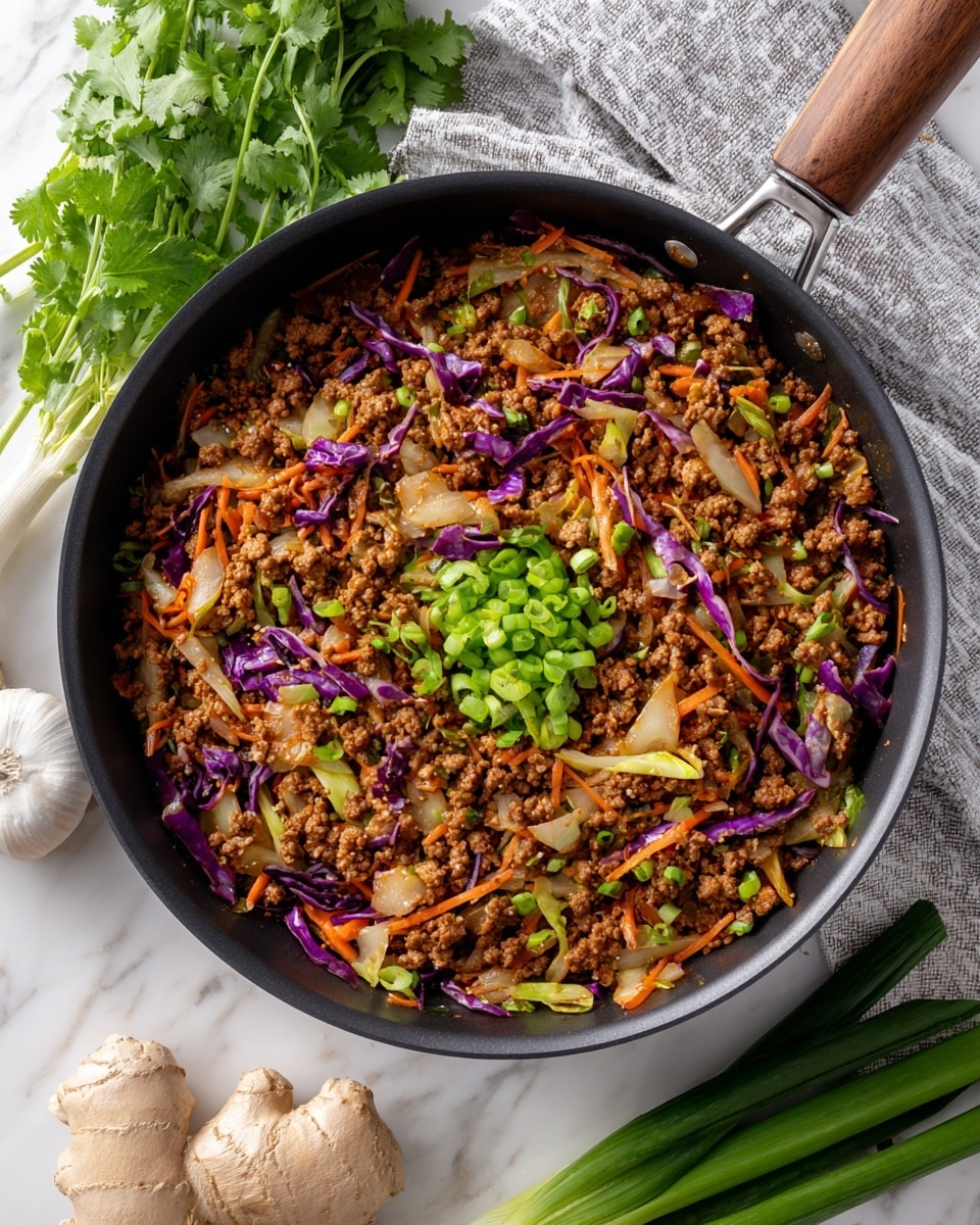 A white bowl filled with a colorful stir-fry mixture, showing about three main layers: the bottom layer is made of light brown small cooked meat bits mixed with slightly cooked shredded cabbage that is pale green and purple; the middle layer includes thin orange carrot slices and some green chopped scallions; the top layer is a garnish of chopped green herbs with white sesame seeds sprinkled on top, all sitting on a white marbled surface with a blurred pan and ginger root in the background, photo taken with an iphone --ar 4:5 --v 7