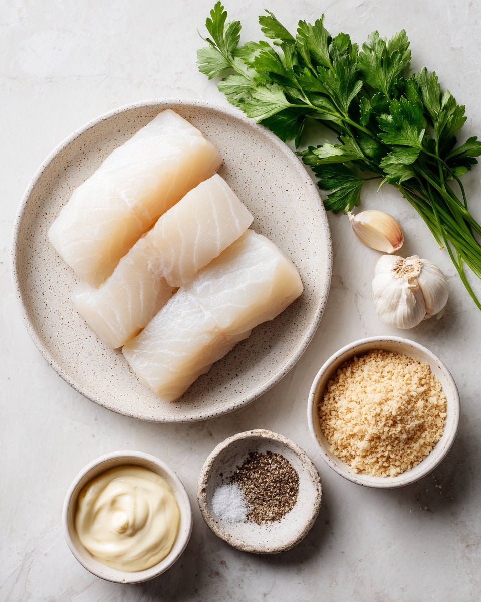 The image shows ingredients arranged on a white marbled surface. In the center, a white speckled plate holds three pale, slightly translucent halibut fillets layered neatly, one partially overlapping another. Above the plate, there is a small bunch of fresh green parsley with broad leaves. To the right of the parsley, there are two light beige garlic cloves, one partially peeled. Below the plate, three small bowls are visible: a white bowl filled with creamy, off-white mayonnaise; next to it, a white bowl containing light brown panko breadcrumbs with a coarse texture; and lastly, a small white bowl holding a mix of black pepper and white salt. Photo taken with an iphone --ar 4:5 --v 7