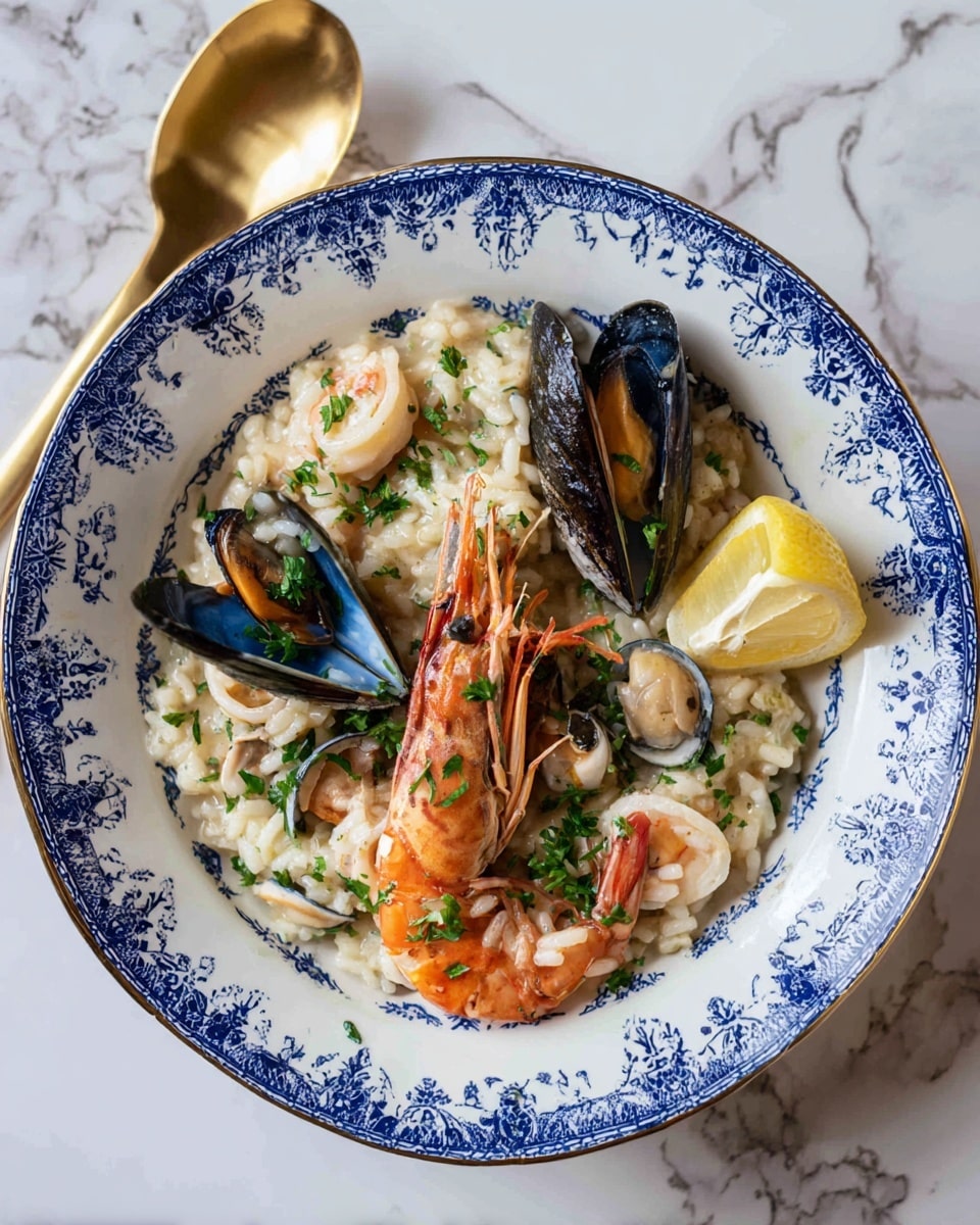 The dish is a seafood risotto served on a white plate with blue patterns. The bottom layer is creamy risotto rice cooked to a soft texture, mixed with small pieces of squid and shrimp scattered evenly. On top, there is a large cooked prawn with a slightly crispy shell, a dark blue mussel showing its orange inside, and a lemon wedge on the side. Fresh green parsley is sprinkled over the entire dish. The plate is placed on a white marbled surface with a gold spoon resting beside the food. Photo taken with an iphone --ar 4:5 --v 7