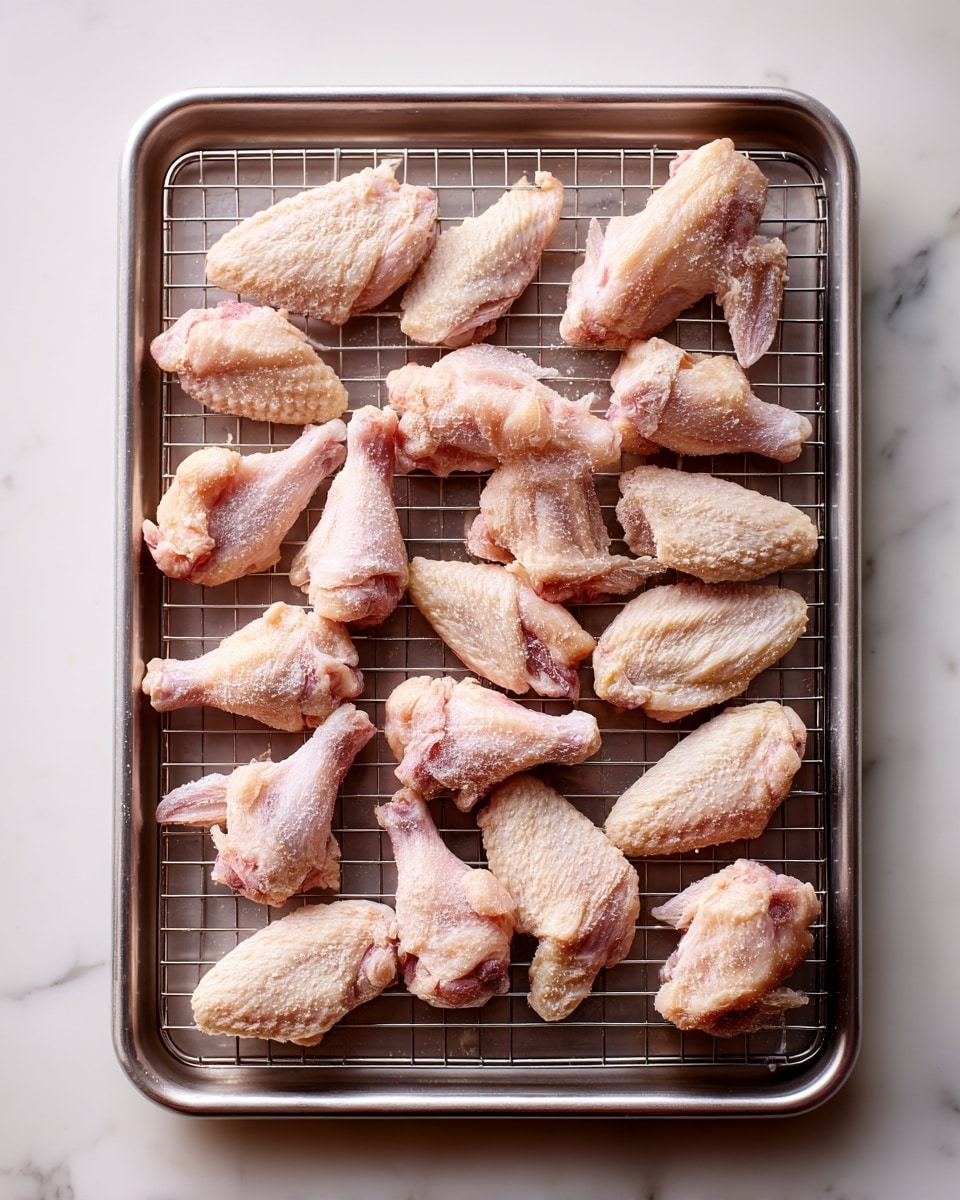 A metal baking tray with a wire rack placed on top holds many raw chicken wings and drumsticks spread out evenly. The chicken pieces have a pale pink color with a light coating of white flour or starch giving a slightly powdery texture. The tray is set on a white marbled surface with soft, natural lighting highlighting the smooth skin and rough flour layer on the chicken, creating a fresh and clean look. Photo taken with an iphone --ar 4:5 --v 7