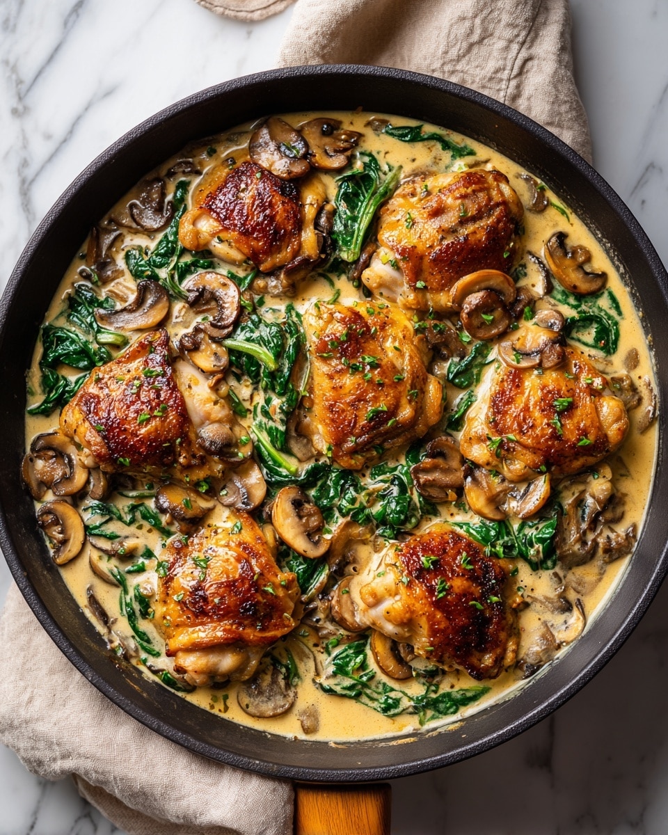 The image shows several golden brown cooked chicken pieces layered directly on a white marbled surface, covered generously with a creamy white sauce mixed with wilted green spinach leaves and light brown mushroom slices. The sauce has a smooth texture with bits of finely chopped green herbs and small red chili flakes scattered on top. The chicken pieces have a slight sear and are sprinkled with grated white cheese and more chopped green herbs for extra color and texture. photo taken with an iphone --ar 4:5 --v 7