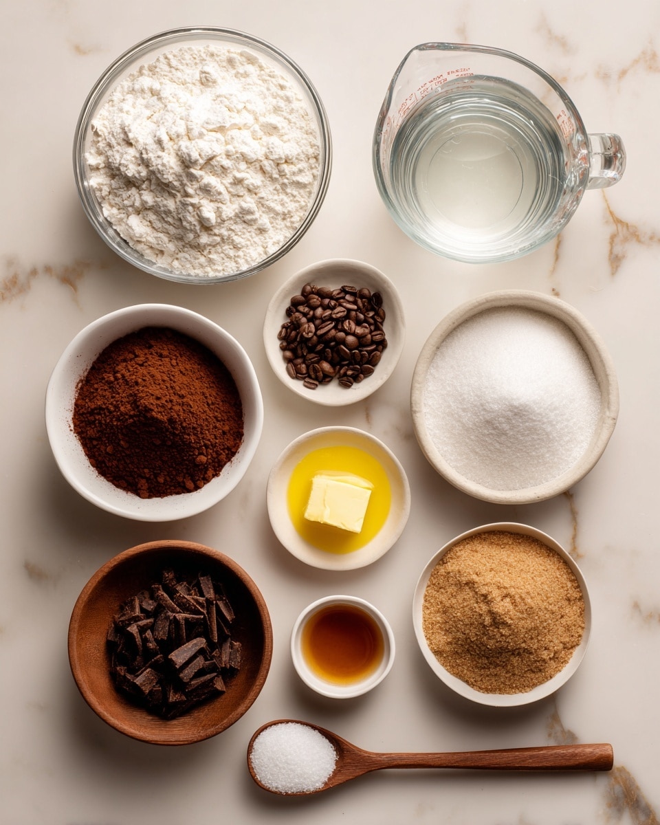 The image shows ten small bowls of ingredients arranged neatly on a white marbled surface. At the top left is a clear bowl filled with white flour with a powdery texture. Next to it on the right is a large clear glass measuring cup filled with clear hot water. Below the flour is a small white bowl with rich brown Dutch process cocoa powder. To the right of that is a medium brown wooden bowl filled with white granulated sugar, smooth and fine. Above the sugar bowl and slightly to the right is a small clear bowl holding dark brown instant coffee granules with a rough texture. Below these on the left is a small white bowl with bright yellow melted butter that looks smooth and shiny. Next to it is a larger white bowl full of light brown soft brown sugar, clumpy in texture. Adjacent to the brown sugar is a small white bowl filled with white baking powder that looks powdery and fine. Below that is another small white bowl holding vanilla liquid, amber in color and shiny. Finally, at the bottom, a wooden spoon holds a little white salt with a coarse grainy texture. Each ingredient is cleanly separated and clearly visible. Photo taken with an iphone --ar 4:5 --v 7