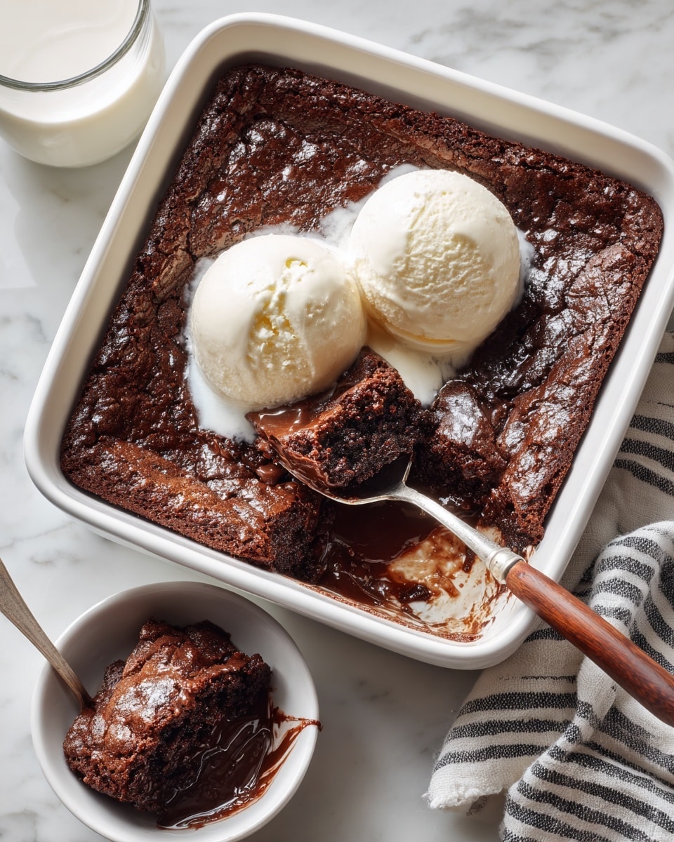 A white bowl holds a warm chocolate dessert with a rich, shiny dark brown sauce covering a soft textured chocolate cake on one side, slightly cracked and moist looking. On top of the chocolate cake, there is a smooth, creamy white scoop of melting ice cream with some chocolate sauce blending into it. A silver spoon with intricate designs rests inside the bowl, partially submerged in the dessert. The bowl is set on a white marbled surface with a textured white and black striped cloth nearby. Photo taken with an iphone --ar 4:5 --v 7
