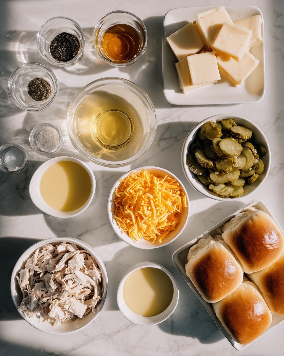 This image shows ingredients for a sandwich meal laid out on a white marbled surface. Starting on the left, there is a small bowl with black pepper, then a bowl with melted butter that looks light yellow and shiny, and a glass bowl with honey colored liquid inside. Below these, a small bowl of salt sits beside a larger bowl filled with shredded cooked chicken in light brown and white tones. In the middle of the image, there is a white bowl filled with bright orange shredded cheese. Above it, a white bowl filled with green pickle slices. Next to the pickles, a white plate holds several square slices of cheese with small dark bits inside, stacked in the middle. On the far right side, a white container holds nine soft, golden-brown dinner rolls with smooth tops showing slight shading and texture. Around the rolls, several small bowls and cups hold different sauces in creamy white, bright yellow, and dark reddish-brown colors. The lighting is bright and natural, adding highlights and soft shadows. photo taken with an iphone --ar 4:5 --v 7
