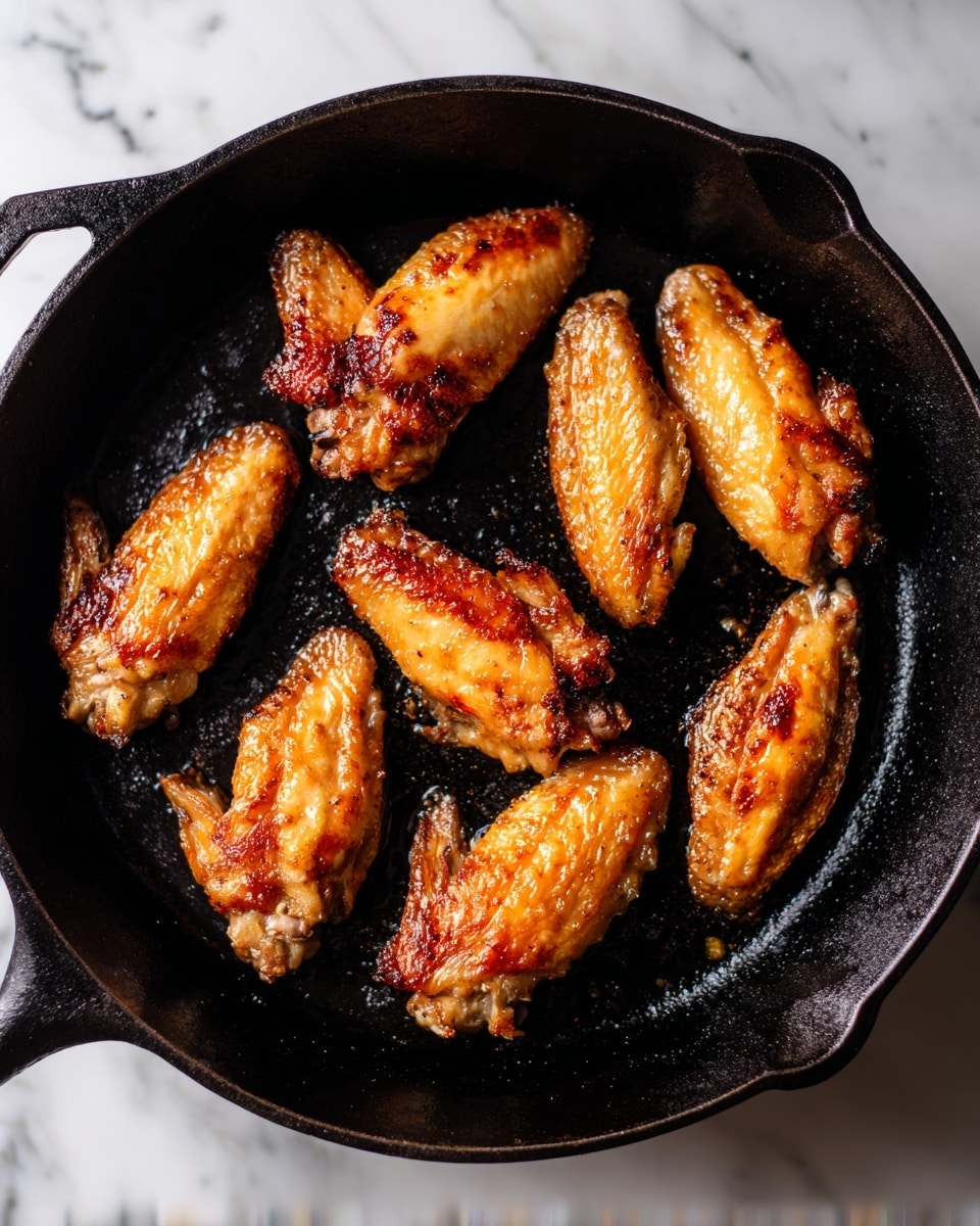 A black cast iron pan with eight golden brown chicken wings cooking inside it. The wings have a light, crispy skin with some darker browned spots. The pan is on a stove top, and the wings are spaced evenly but close to each other. The background has a white marbled texture. photo taken with an iphone --ar 4:5 --v 7