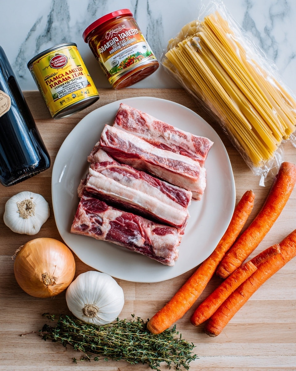 A white plate is filled with stacked raw beef short ribs, showing layers of red meat and pale bone. To the right, a clear package of pappardelle pasta stands upright. Below the plate is a yellow can of peeled San Marzano tomatoes with bright, colorful labels and next to it a smaller silver can of organic tomato paste with red and white label. To the left is a bottle of red wine with a dark glass and a beige label, standing upright. Below the cans is a head of garlic with white papery skin, a medium brown onion with skin, and three long, bright orange carrots. To the right of the carrots is a small bunch of fresh green thyme. All these items are arranged on a light wooden textured surface with a white marbled texture visible around the edges. photo taken with an iphone --ar 4:5 --v 7
