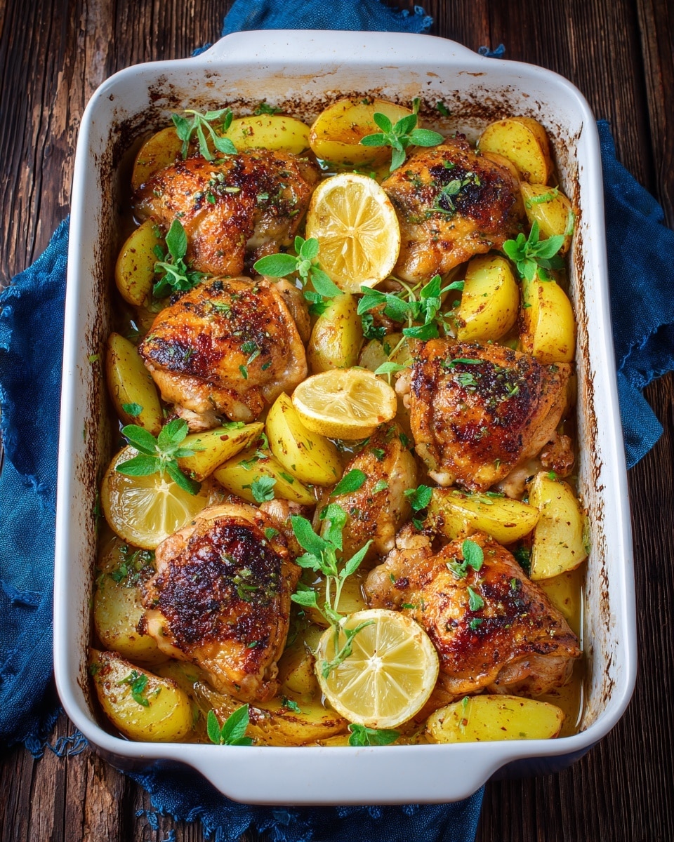 A white baking dish filled with two layers: the bottom layer has thick yellow potato wedges seasoned with spices, and the top layer consists of seven golden brown cooked chicken thighs with crispy, darkened skin in spots. Scattered on top are fresh green herb leaves, and three lemon slices with bright yellow rind are placed among the chicken pieces. The dish rests on a dark wooden surface partially covered with a blue cloth. Photo taken with an iphone --ar 4:5 --v 7