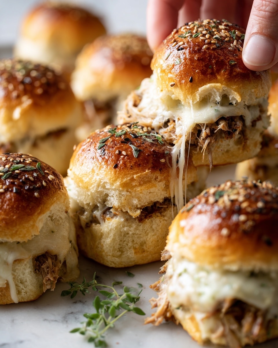 A baking tray filled with 24 small square sandwiches arranged in 6 rows and 4 columns. Each sandwich has a golden brown top bun sprinkled with sesame seeds and small green herb bits, showing slight grill marks and a textured surface. The buns sit closely next to each other, with melted cheese and meat patties visible between some gaps around the edges. The tray is placed on a white marbled surface with small green herb sprigs scattered around. The lighting highlights the shiny, toasted tops and melted filling inside each sandwich. Photo taken with an iphone --ar 4:5 --v 7