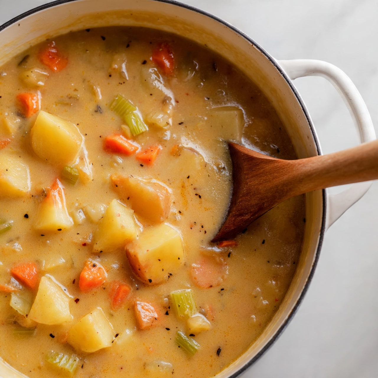 A close-up view of a white pot filled with thick soup containing large pieces of yellow potatoes, small chunks of orange carrots, and bits of green celery floating in a creamy light brown broth. A wooden spoon with a light wood handle rests inside the pot, partially submerged in the soup. The pot is placed on a surface with a white marbled texture, and a bit of warm lighting highlights the smooth, shiny texture of the soup's surface. Photo taken with an iphone --ar 4:5 --v 7