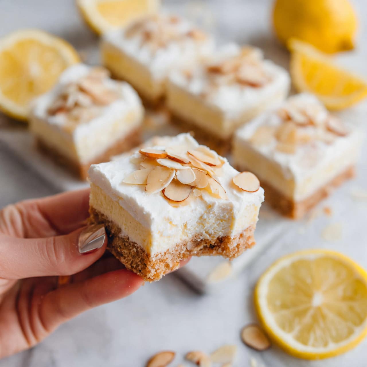 The image shows several square dessert bars arranged on a white marbled surface. Each bar has two layers: a thick, light brown bottom layer with a soft crumbly texture and a thick, white creamy top layer that looks smooth and whipped. On top of the white layer, there are scattered thin, light tan almond slices adding texture and color contrast. One bar is held by a woman's hand, showing a bite taken out, revealing the two layers more clearly. Around the bars, there are lemon slices, one whole round slice and one half-moon slice, adding bright yellow color to the composition. photo taken with an iphone --ar 4:5 --v 7