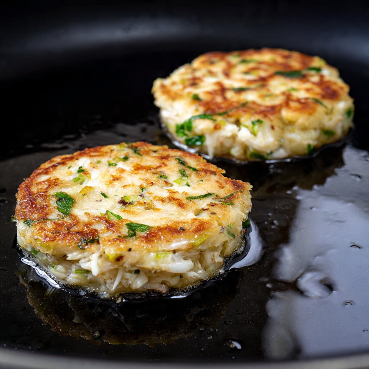 Two round patties of light golden crab cake mix are cooking in oil on a black hot pan. Each patty shows a dense texture with white crab meat strands and small bits of fresh green herbs mixed in. The edges of the patties are slightly crisp and browned, contrasting with the soft inside. The glossy oil around them reflects light, making the cooking surface shiny. The background is a white marbled texture. photo taken with an iphone --ar 4:5 --v 7