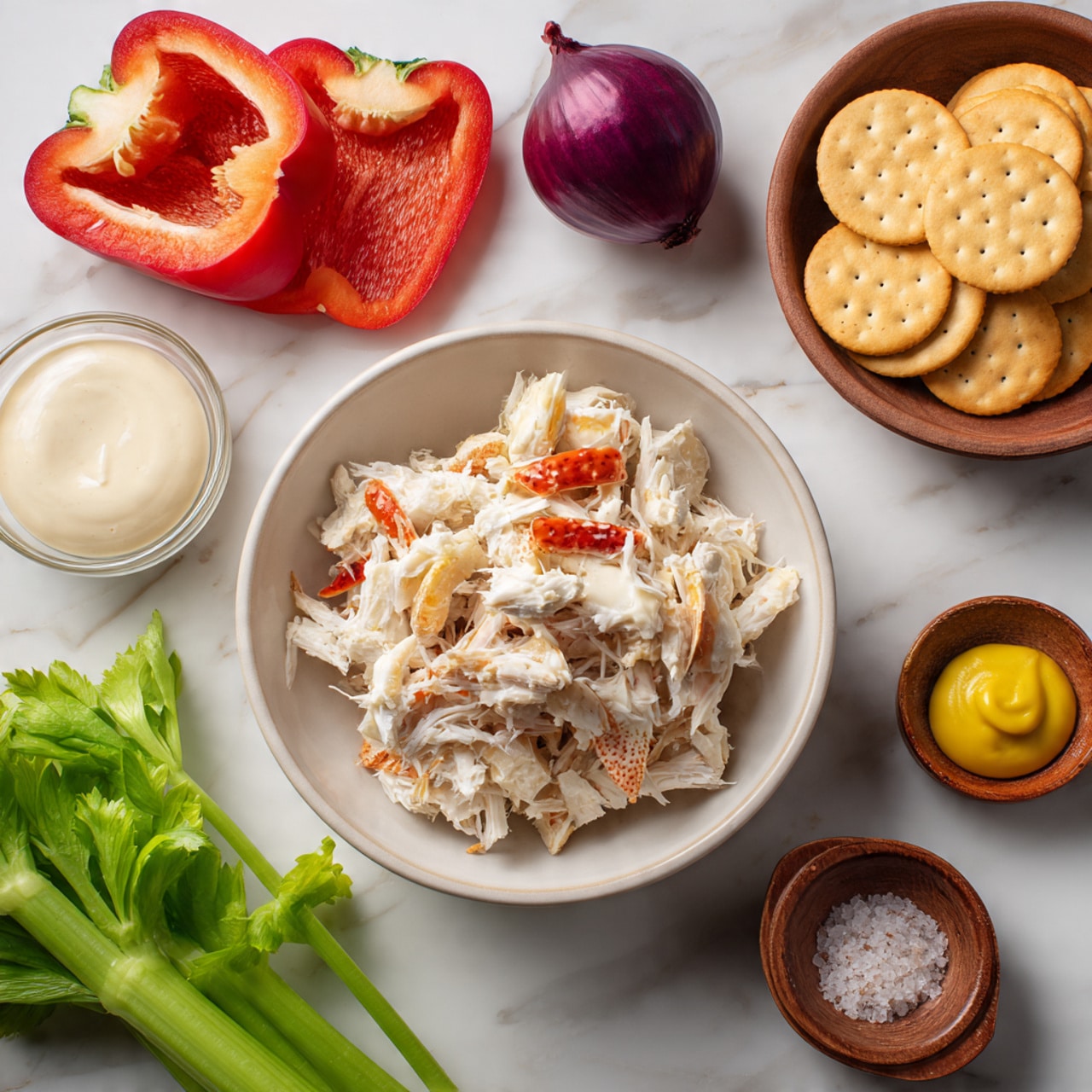 In the center of a white bowl sits a generous pile of white, flaky crab meat with soft torn pieces that have a slightly creamy texture and light beige highlights. Surrounding the bowl on a white marbled surface are various ingredients and accompaniments: to the top left, a red bell pepper cut in half with visible seeds inside; near it, a single purple shallot; to the right, a scattered stack of round golden crackers; below the crackers, a small clear glass container filled with a smooth off-white creamy sauce; at the bottom right, a small brown wooden bowl holding a dollop of yellow mustard; on the bottom left, vibrant green celery stalks with leaves; and a terracotta dish with salt and seasoning near the bottom edge. The photo is taken with an iphone --ar 4:5 --v 7
