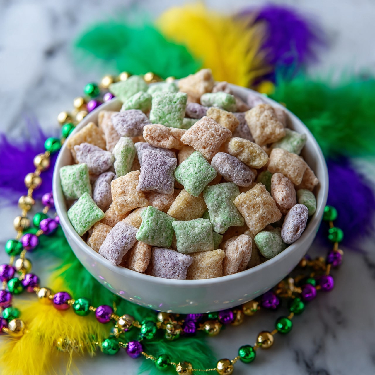 A white bowl filled with square-shaped cereal pieces in three colors: green, yellow, and purple, each having a powdery texture. The bowl sits on a background of fluffy feathers in green, yellow, and purple shades, matching the cereal colors. Draped over the cereal are shiny beads in green, gold, and purple, adding a festive feel to the image. The overall scene is bright and colorful, with soft and textured elements all around. photo taken with an iphone --ar 4:5 --v 7