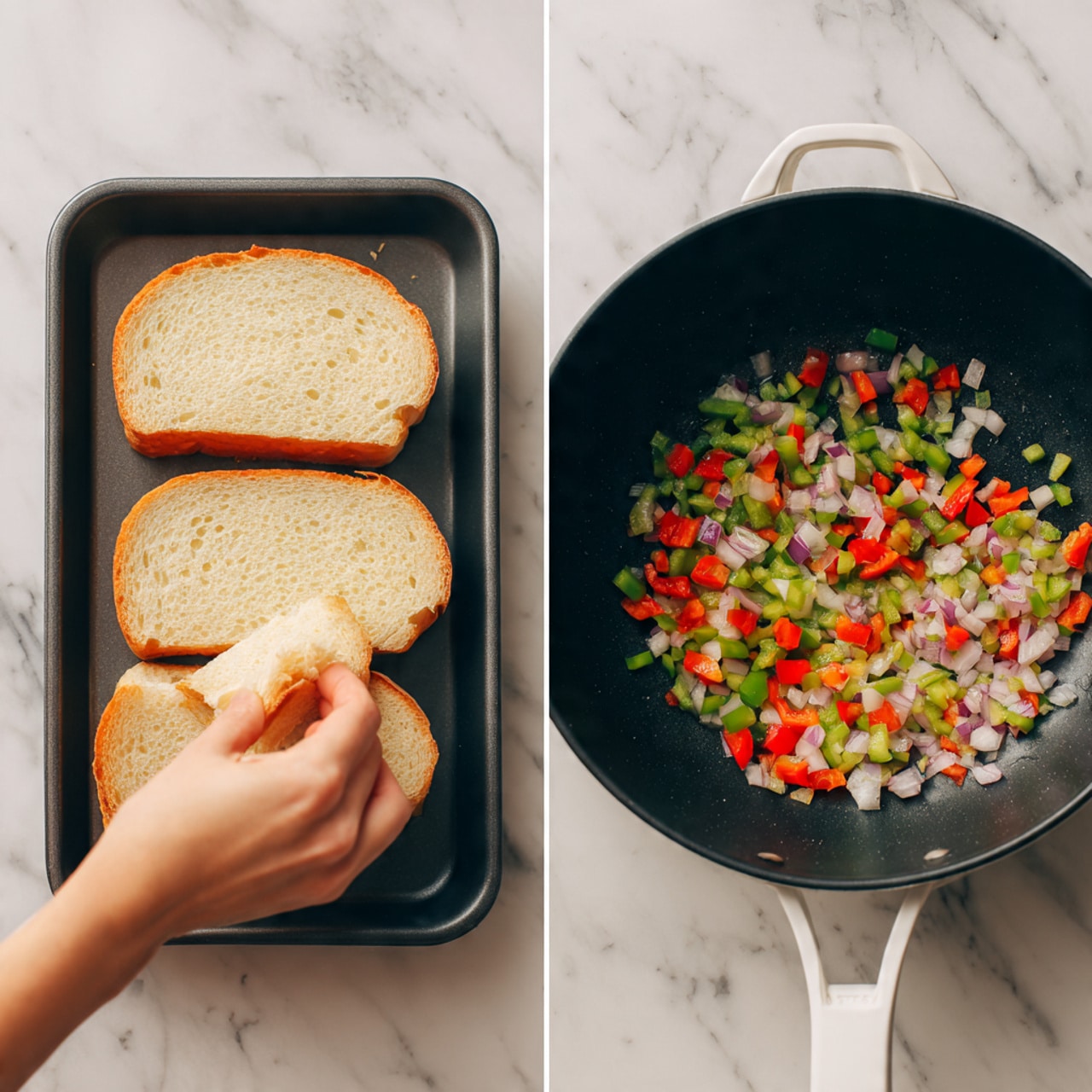 The image shows two scenes side by side on a white marbled surface. On the left side, there is a dark gray baking tray with two long slices of bread placed side by side, inside facing up. A woman's hand is shown pressing or tearing a small piece of the bread from one of the slices. On the right side, there is a black frying pan with a white handle placed on the white marbled background. Inside the pan, there are small chopped pieces of red and green bell peppers mixed with white onion, slightly cooked with a shiny texture. The colors are bright and fresh. photo taken with an iphone --ar 4:5 --v 7
