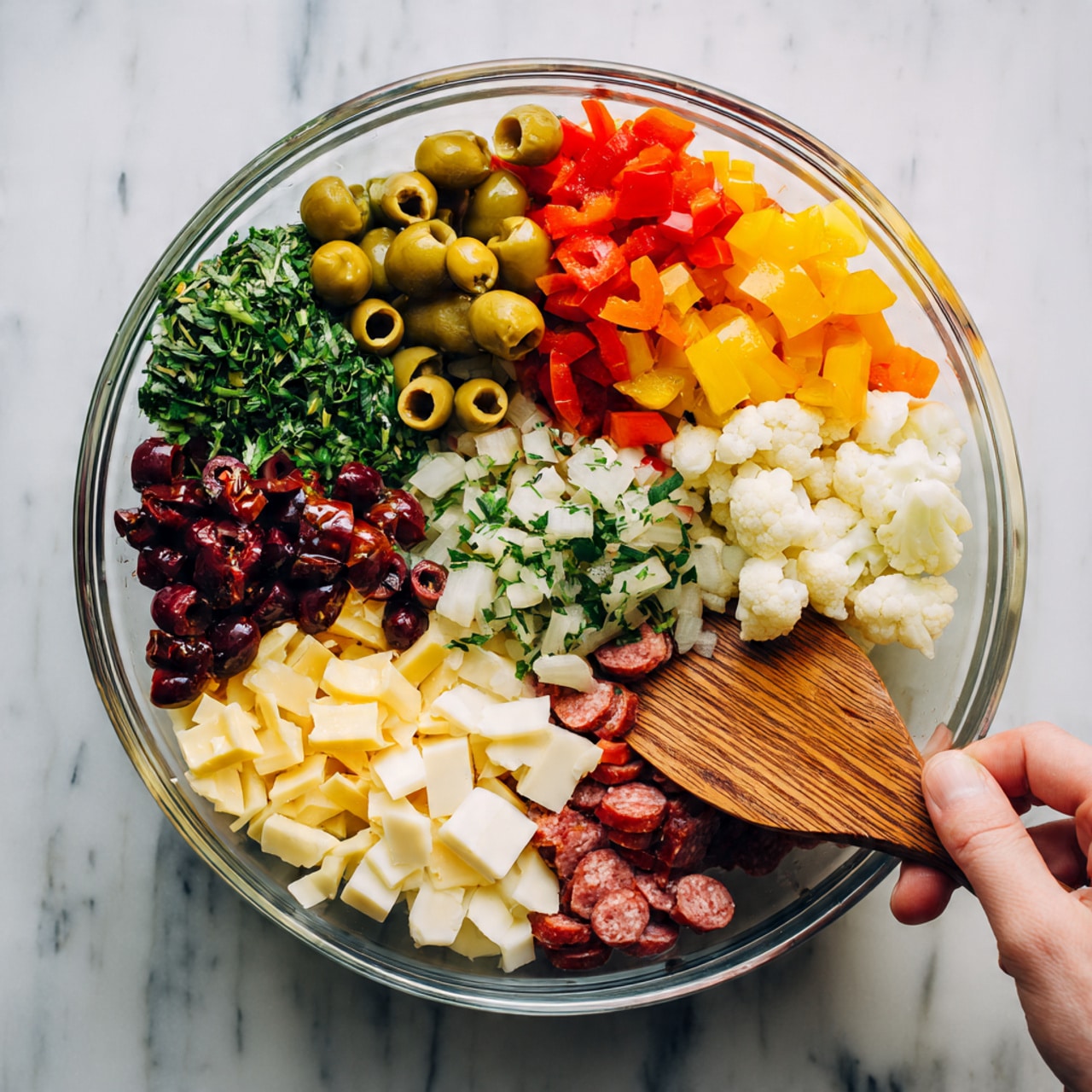 A clear glass bowl sits on a white marbled surface, filled with 11 separate piles of chopped ingredients arranged in a circle from the center outward. Starting at the top and moving clockwise, there are green chopped herbs, light green sliced olives with bits of orange peppers, red diced roasted red peppers with a small pile of white minced garlic on top, a mix of white chopped cauliflower and orange carrots, bright yellow pepper slices, dark red chopped sausage, pale yellow diced cheese, dark purple chopped olives, thin pale yellow shredded cheese, cubed white cheese in the center, and small red sausage cubes. A wooden spatula rests below the bowl with a woman's hand holding it on the right side. photo taken with an iphone --ar 4:5 --v 7
