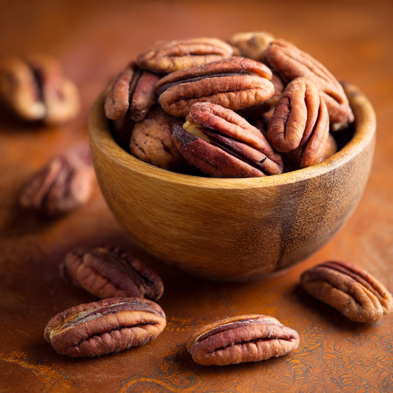 A small brown wooden bowl filled with whole pecan nuts that are brown with a smooth, slightly wrinkled texture, some of the nuts are falling out of the bowl and scattered around on a warm brown surface with a subtle detailed pattern. The pecans are the main focus, showing their rich earthy shades from light to dark brown in natural light. photo taken with an iphone --ar 4:5 --v 7