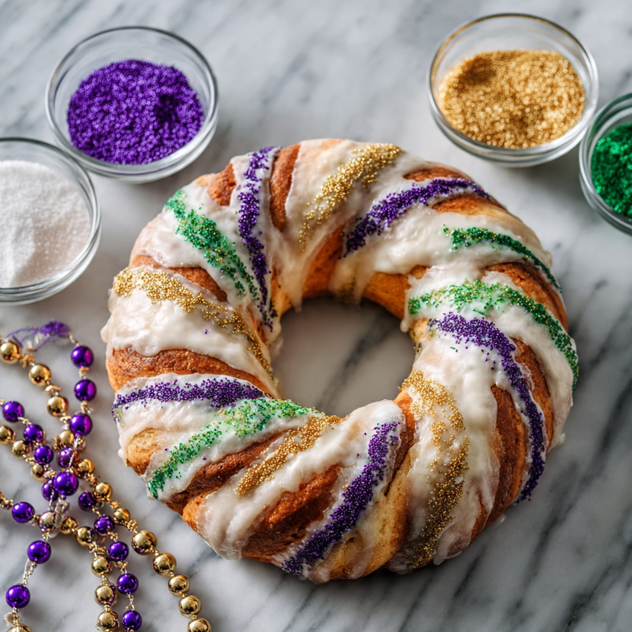 The image shows a round, braided pastry ring with a smooth white icing layer covering the top in an uneven, drippy way. The icing is decorated with three stripes of colored sugar sprinkles in purple, green, and gold, arranged diagonally across the ring. The pastry sits on a white marbled surface, with extra colored sugar scattered around it. There are three clear glass bowls around the pastry, each holding one of the colored sugars—purple at the top left, gold at the top right, and green at the bottom right. Near the bottom left, a woman's hand holds a Mardi Gras bead necklace, colored purple. Photo taken with an iphone --ar 4:5 --v 7