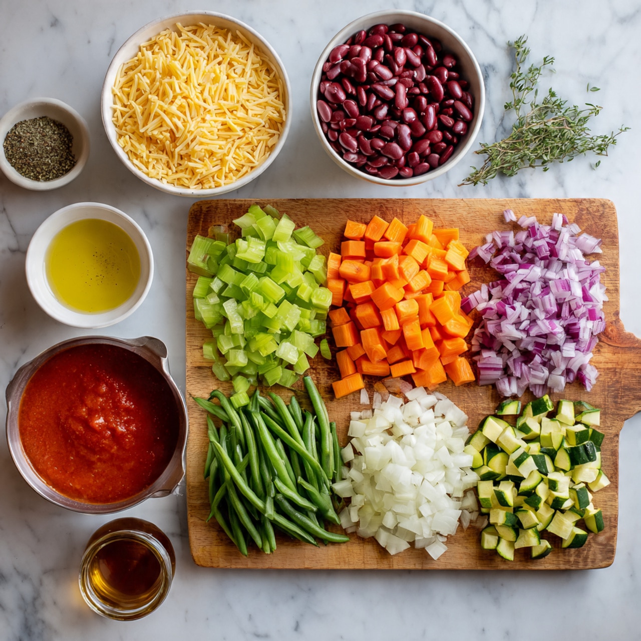 A wooden board sits on a white marbled surface, filled with six piles of chopped vegetables arranged side by side: pale green celery at the top left, bright orange carrots in the middle, purple-green zucchini cubes at the right, white diced onions at the bottom left, and green beans next to the onions below the carrots. Fresh green herbs like basil and thyme are near the edges of the board. Surrounding the board are small white bowls with yellow pasta, olive oil, salt and pepper, and grated cheese, along with a light brown bowl holding bright red tomato sauce, a stainless steel colander full of dark red kidney beans, a glass cup with brown broth, and a small bowl of dried herbs. photo taken with an iphone --ar 4:5 --v 7