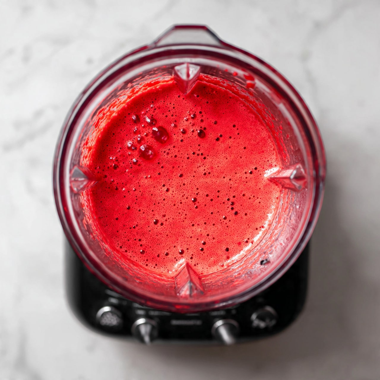 A close-up top view of a blender filled with a smooth, bright red liquid that looks slightly foamy with small bubbles on the surface. The blender container is clear with slight splashes of the red liquid on the sides. The blender base is black with visible knobs and buttons, sitting on a white marbled surface. Photo taken with an iphone --ar 4:5 --v 7
