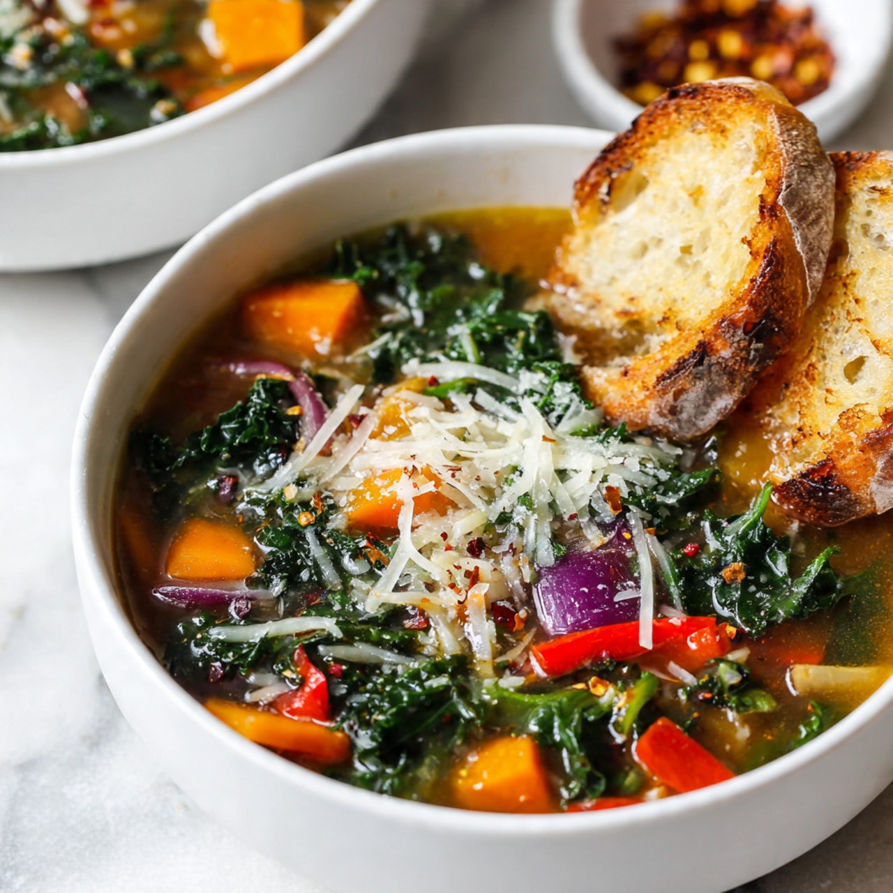A deep black pan with a red handle holds a hearty dish layered with a mixture of cooked greens and beans in a thick, dark green and light brown broth. On top, there is a melted layer of shredded light yellow cheese sprinkled with red chili flakes. Scattered across the top are toasted, uneven pieces of golden brown bread with crispy edges, some partially soaked in the broth. Nearby, there is a white plate with blue floral designs holding additional irregular toasted bread pieces, and a small white bowl containing red chili flakes on a white marbled surface. Photo taken with an iphone --ar 4:5 --v 7