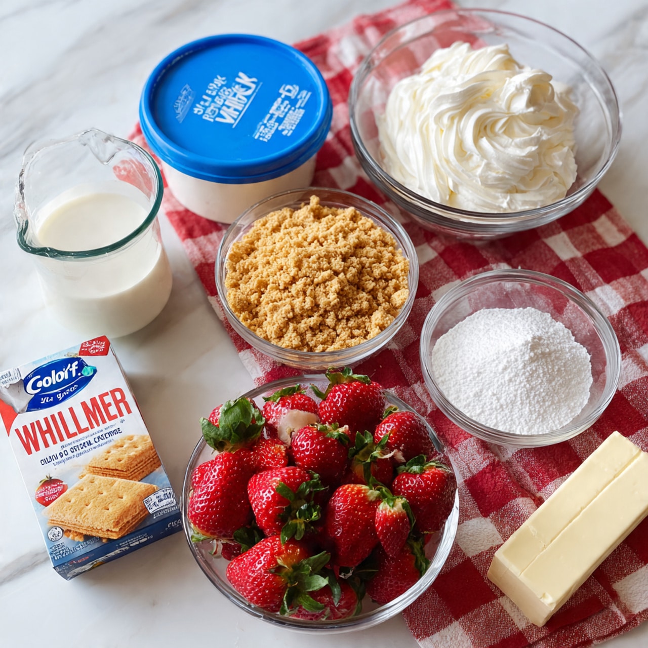 The image shows ingredients for making a dessert neatly placed on a white marbled surface with a red and white checkered cloth underneath some bowls. There is a container of Cool Whip with a bright blue lid at the top center. Below it, there is a glass bowl filled with golden brown crushed graham crackers in the middle. To the left, there is a glass measuring cup filled with white milk and below it, a box of white chocolate Jello pudding mix. On the right side, another glass bowl holds a block of cream cheese. At the bottom right, a clear glass bowl is overflowing with fresh red strawberries with green leaves. Beside the strawberries is a small glass bowl with white powdered sugar, and next to it, a stick of butter wrapped in paper. The scene is clean and bright with a light, fresh feeling. Photo taken with an iphone --ar 4:5 --v 7