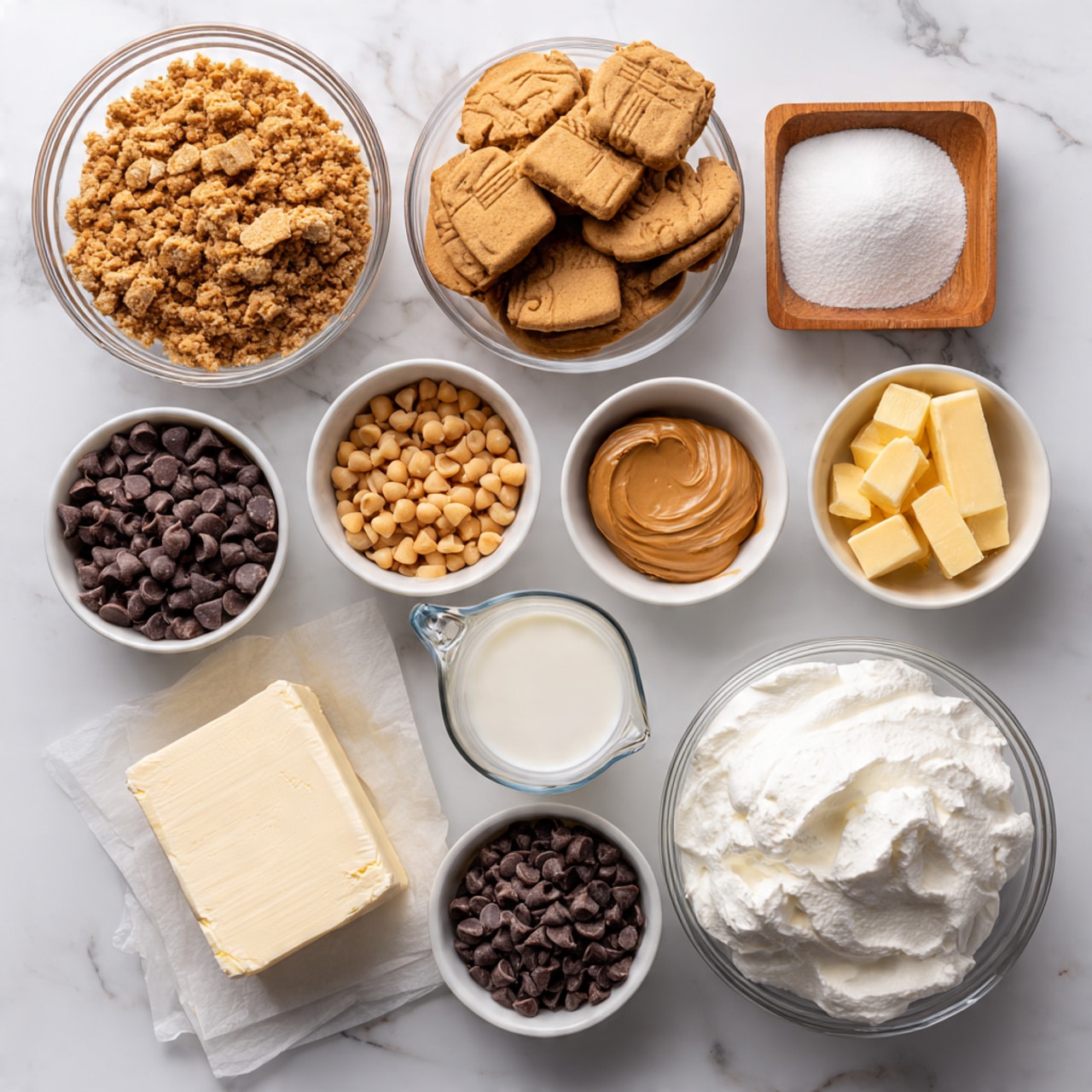 The image shows various baking ingredients neatly arranged on a white marbled surface. At the top left, there is a clear glass bowl filled with crushed peanut butter sandwich cookies, with some whole peanut-shaped cookies beside it. To its right is a small square wooden bowl filled with powdered sugar. Below, there are white bowls containing light tan peanut butter chips, dark brown chocolate chips, melted yellow butter, and creamy tan peanut butter. A glass measuring cup with white milk sits near the center. To the lower left, an open box reveals dark chocolate pudding mix, while a block of cream cheese rests on white parchment paper. A large white bowl filled with fluffy white whipped topping is positioned at the bottom right. Each ingredient is labeled with black text above or over the item. Photo taken with an iphone --ar 4:5 --v 7