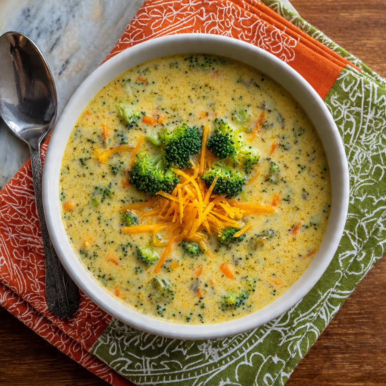 A white bowl filled with creamy broccoli cheese soup showing a thick yellowish base with green broccoli pieces and small bits of orange carrot visible throughout. The soup is topped with a small pile of bright green broccoli florets and shredded orange cheddar cheese, placed in the center. The bowl rests on two folded cloth napkins, one orange and one green with white patterns, set on a wooden surface. A metal spoon is placed to the left side of the bowl. The background is a white marbled texture. Photo taken with an iphone --ar 4:5 --v 7
