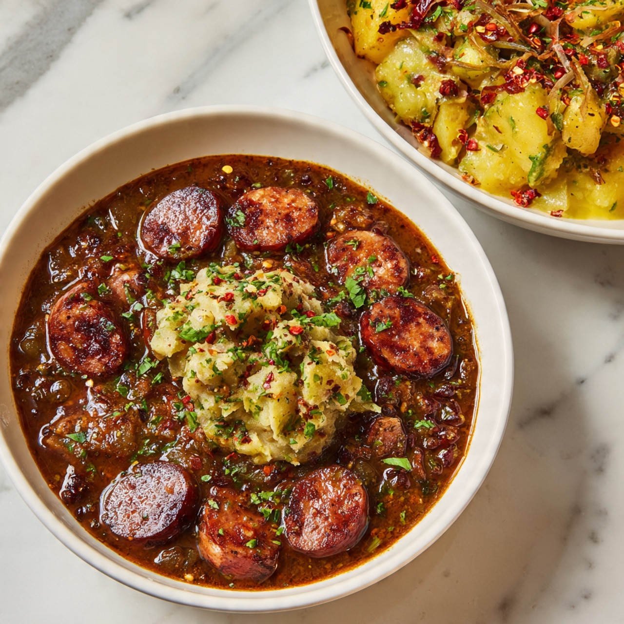 A white bowl filled with a rich brown stew showing a thick layer of dark broth mixed with small pieces of cooked vegetables and herbs. There are slices of browned sausage scattered on top and around the stew, adding a round, textured reddish-brown layer. In the center, a pile of creamy, pale yellow potato salad sits, sprinkled with finely chopped green herbs and red pepper flakes that add pops of green and red color. The bowl rests on a white marbled surface with hints of red and green flakes scattered around. Behind the bowl is a white bowl filled with a yellow creamy dish featuring chunks of browned potatoes. Photo taken with an iphone --ar 4:5 --v 7