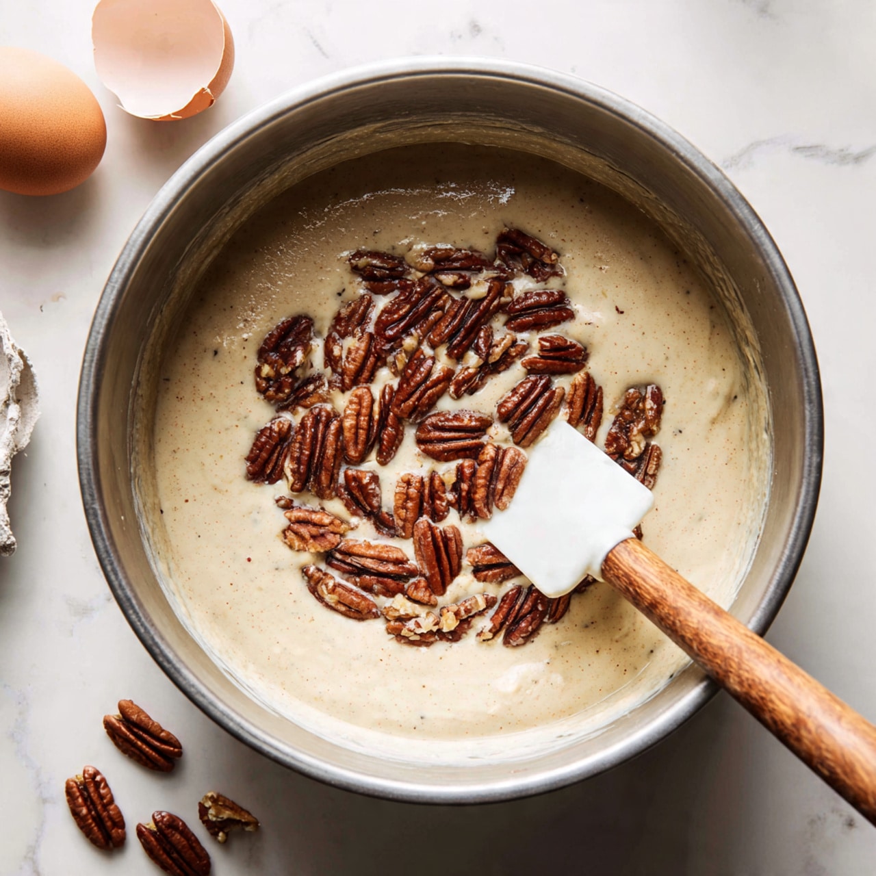 A close-up view inside a shiny metal mixing bowl holding light beige batter with smooth, slightly thick texture. On top of the batter, there is a generous layer of whole brown pecans spread mainly in the center. A white spatula with a wooden handle is partially submerged in the batter, pointing diagonally from the bottom right corner to the center. In the background, there is a white marbled surface with a cracked empty eggshell resting to the left side near the bowl. photo taken with an iphone --ar 4:5 --v 7
