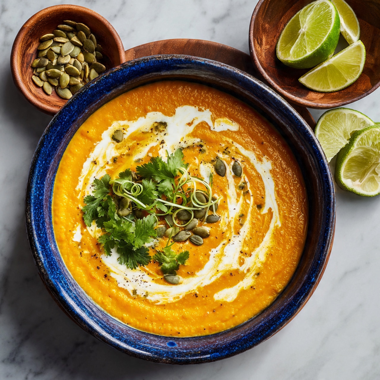 A deep blue bowl holds a thick orange soup with a slightly bumpy texture covering the surface. On top, there is a swirl of white cream, small green leaves of cilantro, thin green spirals, green pumpkin seeds, and small wedges of lime. The bowl sits on a white marbled surface with some pumpkin seeds scattered around. Nearby, there is a small brown bowl with lime wedges visible. photo taken with an iphone --ar 4:5 --v 7