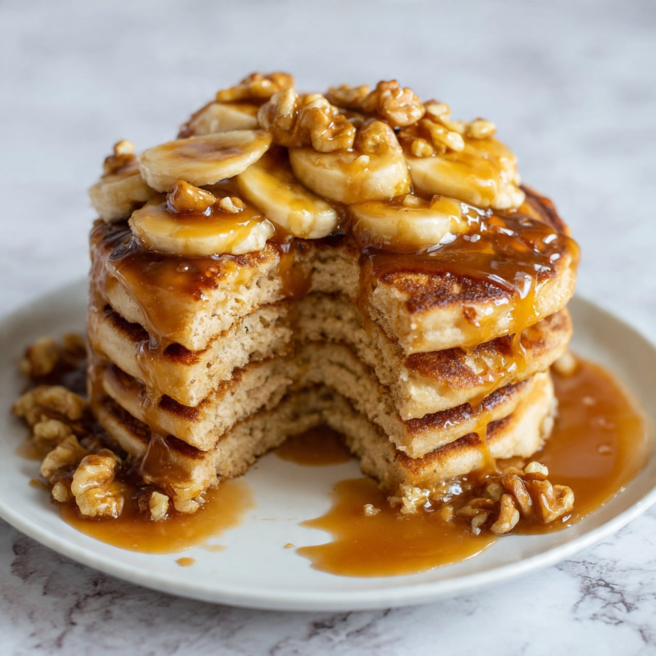 A stack of five golden brown pancakes is shown on a white plate, with a section missing from the front, revealing the fluffy, light texture inside each pancake. On top and around the stack, there is a thick caramel sauce mixed with glossy banana slices and glossy walnuts coated in the caramel. The background features a blurred white and light grey marbled surface, and there is a soft focus on the whole scene, making the pancakes the main focus. Photo taken with an iphone --ar 4:5 --v 7