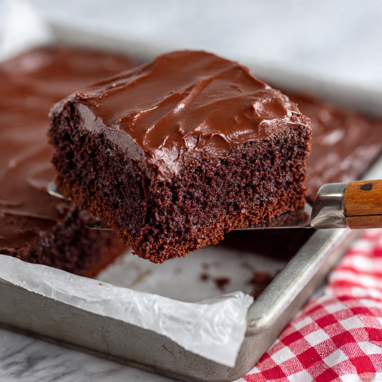 The image shows a thick square piece of dark chocolate cake with a shiny, smooth layer of chocolate frosting on top. The cake has two clear layers: a dense, moist, rich dark brown base with a soft texture, and a glossy, slightly darker chocolate frosting layer covering the top. The piece is lifted slightly with a metal spatula that has a wooden handle, and the rest of the cake is still in a metal baking tray lined with white parchment paper. The background surface is a white marbled texture with a red and white checkered cloth partially visible under the tray, photo taken with an iphone --ar 4:5 --v 7