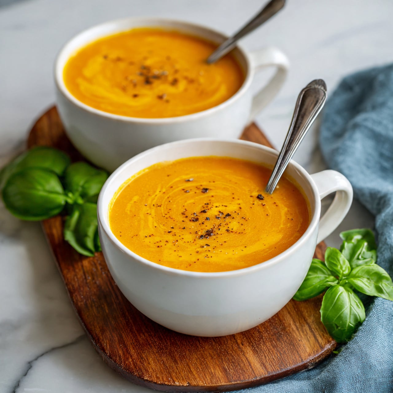 Two white cups filled with smooth, thick orange soup, each with a silver spoon inside. The soup has a slightly swirled surface with small black pepper specks on top. The cups sit on a round wooden board with fresh green basil leaves placed beside them. The setting is on a white marbled surface with a blue cloth and a cookbook partially visible nearby. photo taken with an iphone --ar 4:5 --v 7