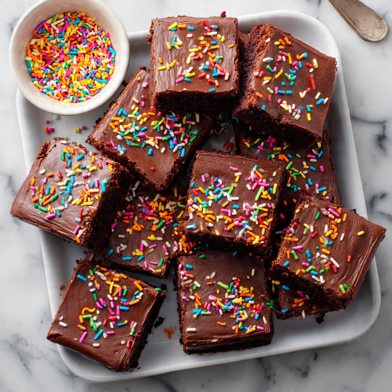 The image shows a tray filled with large square brownies that have a thick layer of smooth, chocolate frosting spread evenly on top. The frosting is decorated with colorful rainbow sprinkles scattered all over. The brownies are cut into mostly perfect squares with clean edges and some pieces slightly separated from the others. The tray is placed on a white marbled surface with a small white bowl filled with more sprinkles visible at the top left corner. The overall look is bright and inviting with rich brown and multicolored sprinkle contrast photo taken with an iphone --ar 4:5 --v 7