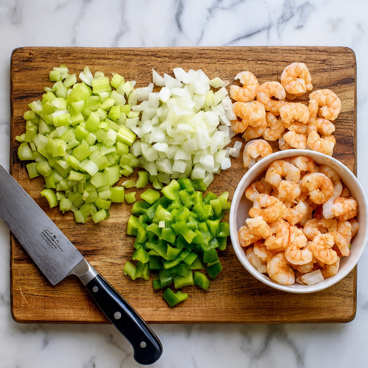On a wooden cutting board placed on a white marbled surface, there are three piles of chopped vegetables arranged in horizontal layers: the left layer is light green diced celery, the middle layer is white diced onion, and the right layer is darker green diced bell pepper. To the right of the vegetables, there is a white bowl filled with cooked shrimp that have a pink-orange color and a slightly rough texture. A large knife with a black handle and silver blade rests diagonally across the bottom left corner of the board. photo taken with an iphone --ar 4:5 --v 7