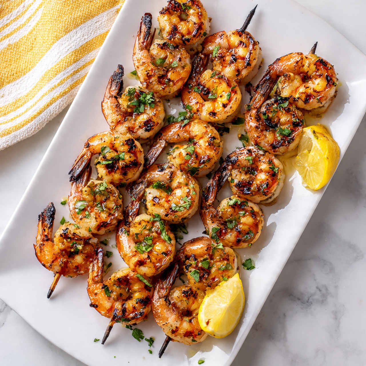 The image shows a close-up of five grilled shrimp skewered on a wooden stick. Each shrimp is cooked to a warm orange color with charred grill marks and tiny black pepper specks, mixed with small green herb bits sprinkled on top. The shrimp are slightly curled, with their tails still attached, giving a textured, juicy look. The background is soft and blurred, showing a white bowl and lemon wedges on a white marbled surface. The overall feel is fresh and appetizing with warm, natural lighting. photo taken with an iphone --ar 4:5 --v 7