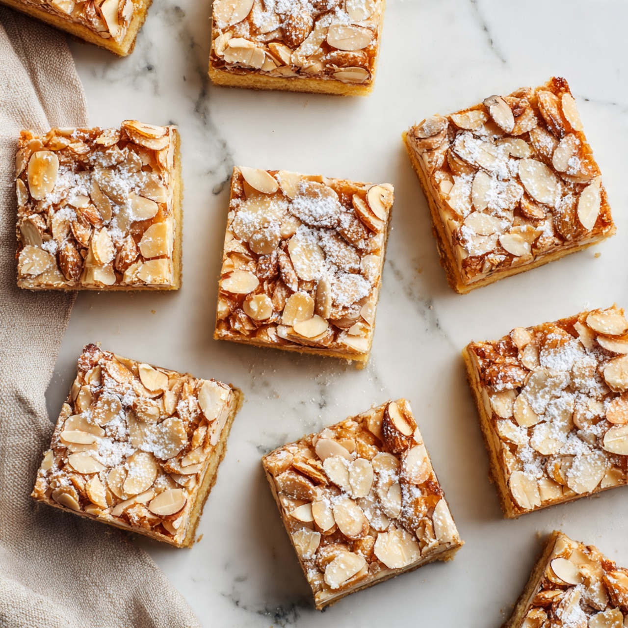 The image shows a stack of three square almond bars placed on a white marbled surface. Each bar has two visible layers: a dense, crumbly golden-brown base with a smooth texture, and a top layer covered with pale golden, thin almond slices that add texture. The bars look soft and slightly moist inside, with scattered almond slices around them. More almond bars are blurred in the background, creating a cozy, warm tone. Photo taken with an iphone --ar 4:5 --v 7