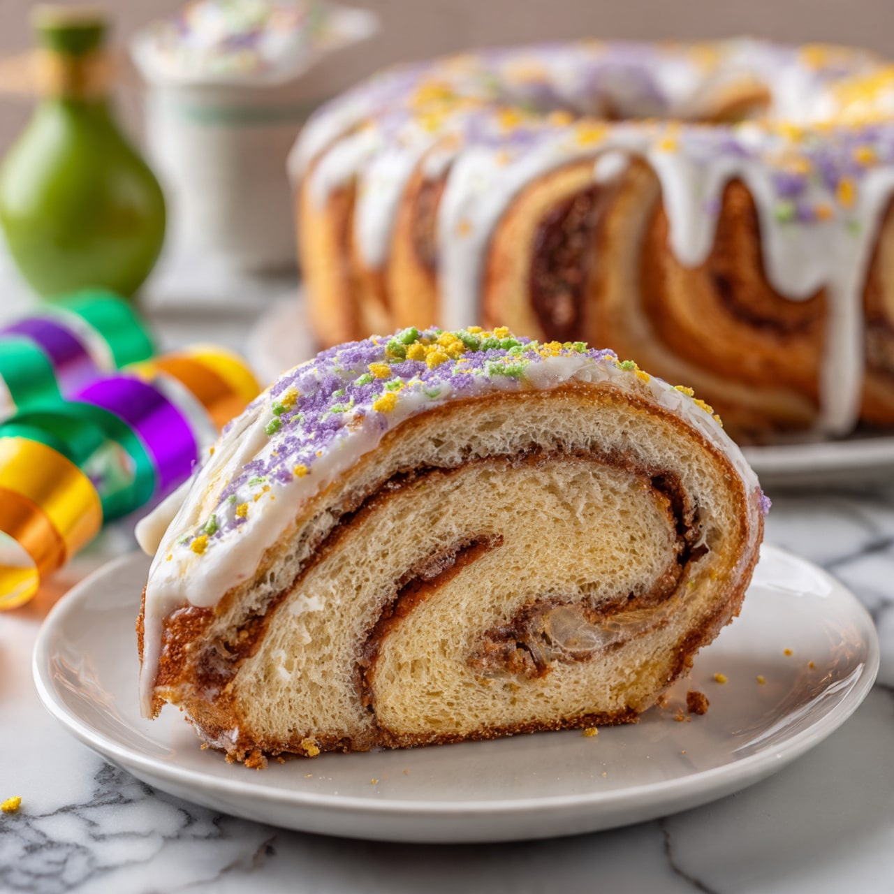 A thick slice of spiral bread is on a white plate, showing three clear swirled layers of soft, golden-brown bread and darker filling inside. The top layer of the slice is covered with white icing and yellow and purple sugar sprinkles. In the background, the whole circular bread ring is visible, also decorated with white icing dripping down and colorful yellow, green, and purple sprinkles on top. The scene is set on a white marbled surface with a blurred small green and yellow bottle and colorful paper streamers around. Photo taken with an iphone --ar 4:5 --v 7