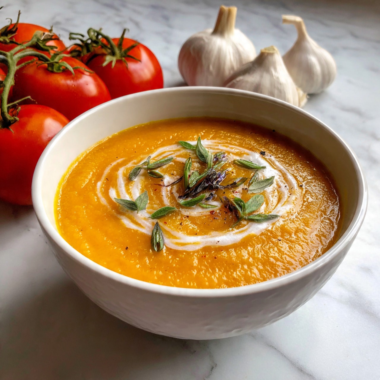 A white bowl filled with creamy orange soup shows smooth texture and slight bubbles on the surface, topped with a swirl of white cream and a small sprig of green herbs placed off-center. A silver spoon rests inside the bowl on the left side. In the soft-focused background, there are red bell peppers and a whole garlic bulb on a white marbled surface. The overall light is bright and natural, highlighting the colors clearly. photo taken with an iphone --ar 4:5 --v 7