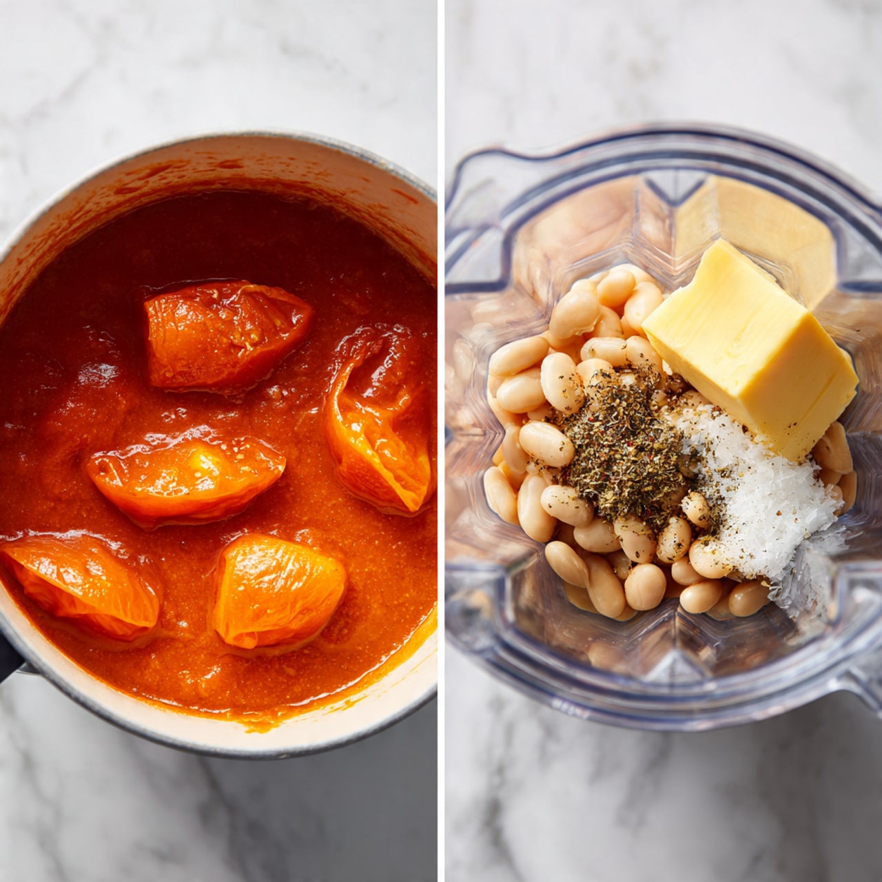 The image shows two scenes side by side on a white marbled surface. On the left, there's a close-up of a pot filled with thick orange-red sauce with several whole peeled tomatoes floating in it, showing a smooth and somewhat shiny texture. On the right, there is a clear blender jar with a mix of ingredients inside, including the same orange-red sauce at the bottom, a pile of white beans sprinkled with black pepper on top, and a chunk of yellow butter sitting on the right side inside the blender. The blender jar is transparent and shows the layers clearly. Photo taken with an iphone --ar 4:5 --v 7