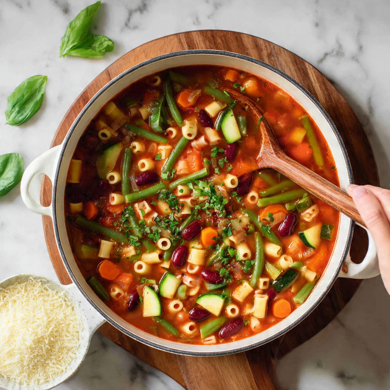 A white bowl filled with a colorful vegetable soup, showing about three layers of ingredients in a clear, red-orange broth. The bottom layer includes small green beans and chopped orange carrots, while the middle layer has diced yellow zucchini, red kidney beans, and small round pasta pieces scattered throughout. The top layer is garnished with fresh green basil leaves and small bits of grated white cheese, adding a fresh look. The bowl sits on a white marbled surface, and part of a silver spoon is visible inside the soup. Photo taken with an iphone --ar 4:5 --v 7