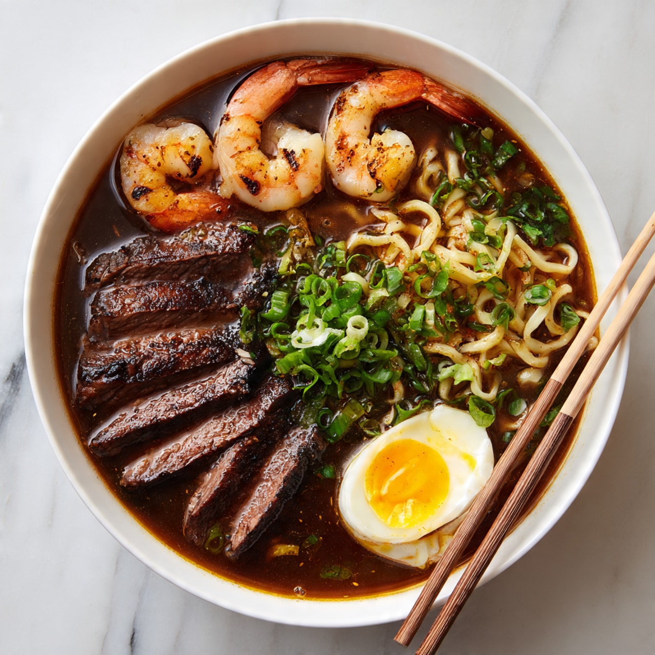 In a white bowl filled with dark, rich broth, there are three rows of grilled steak slices placed in the center, showing a dark brown, slightly charred texture. On the top edge of the bowl, pink shrimp with a slight orange hue are arranged, partially submerged in the broth. To the right side, a nest of light yellow noodles is visible, partly covered by green chopped spring onions scattered on top. At the bottom right, there is a halved soft-boiled egg with a bright yellow yolk and white edges, also garnished with spring onions. A pair of light wooden chopsticks rests across the bottom of the bowl on a white marbled surface. Photo taken with an iphone --ar 4:5 --v 7